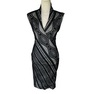 Tracy Reese Plenty Black Eyelet Lace High Collar Faux Wrap Bodycon Dress - M